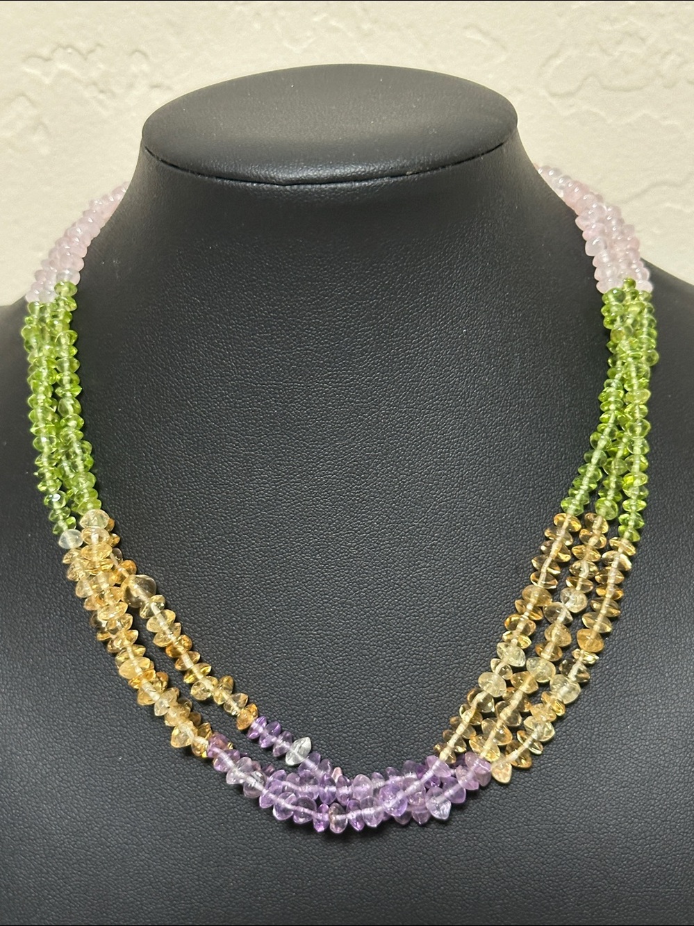 Triple Strand Silver Tone Gem Stone Color Block Necklace